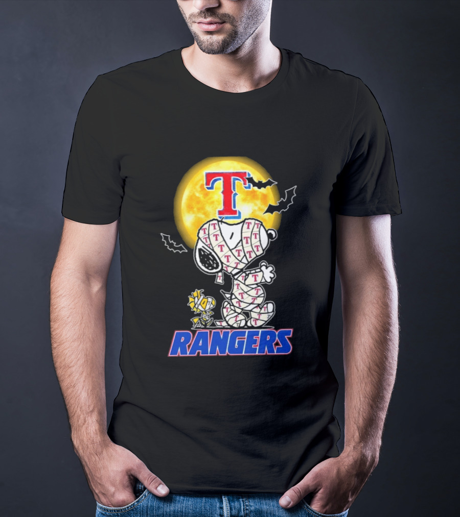 Texas Rangers Snoopy Woodstock Mummy Halloween Collaboration T-Shirt