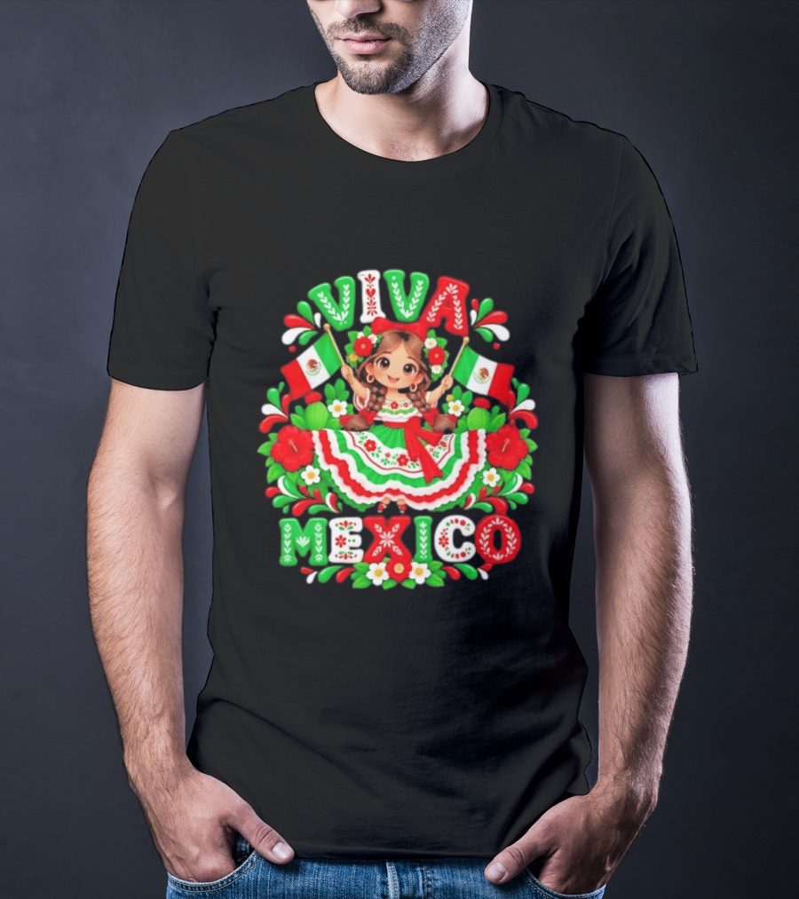 Viva Mexico Girl Festive Mexican Flags Floral Celebration T-Shirt