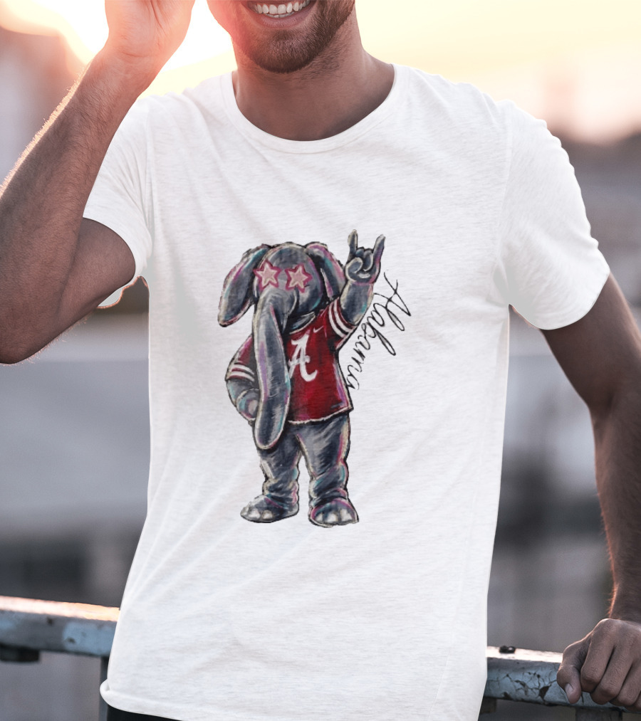 Alabama Crimson Tide Elephant Pink Star Glasses Hand Sign Sketch T-Shirt