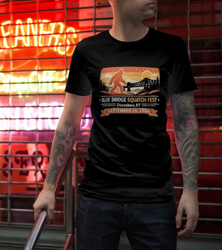 Blue Bridge Squatch Fest Owensboro KY Sasquatch River Sunset September 26 2026 T-Shirt