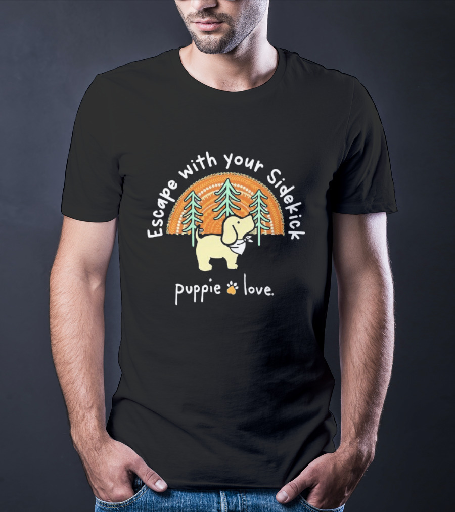 Puppie Love Escape With Your Sidekick Forest Adventure Vintage Sunset T-Shirt