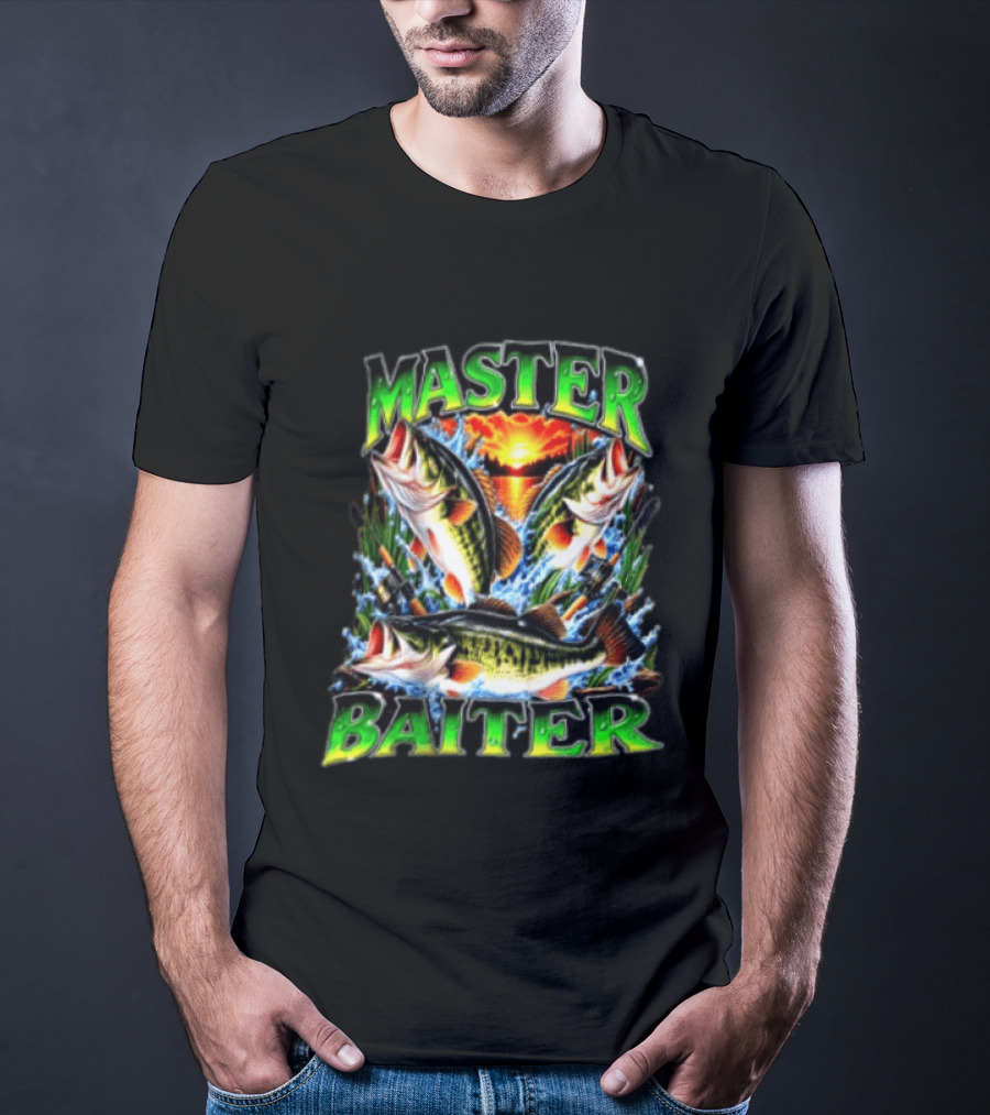 Master Baiter Fishing Large Mouth Bass Sunset Scene T-Shirt