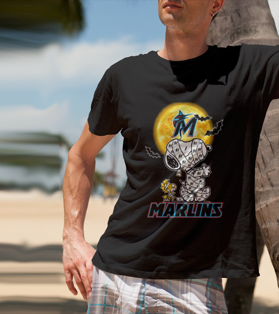 Miami Marlins Snoopy Woodstock Mummy Halloween Moon T-Shirt