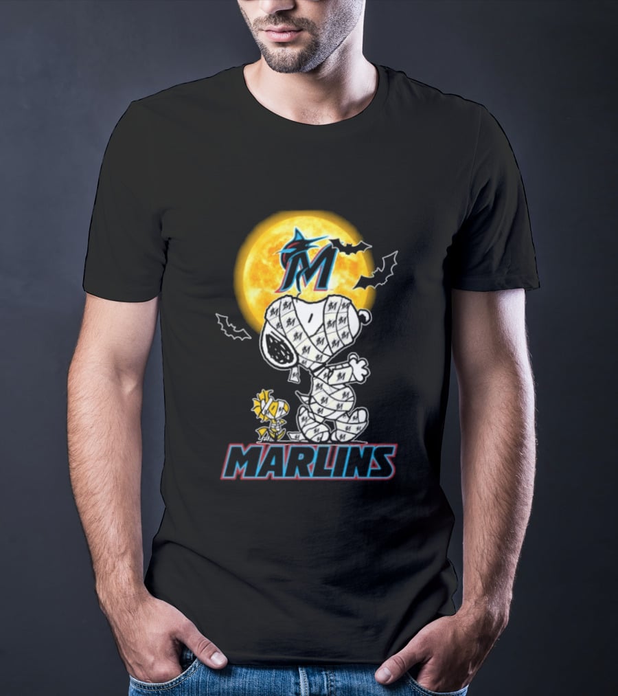 Miami Marlins Snoopy Woodstock Mummy Halloween Moon T-Shirt