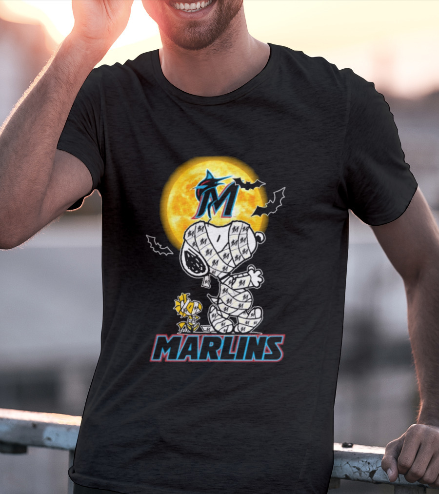 Miami Marlins Snoopy Woodstock Mummy Halloween Moon T-Shirt