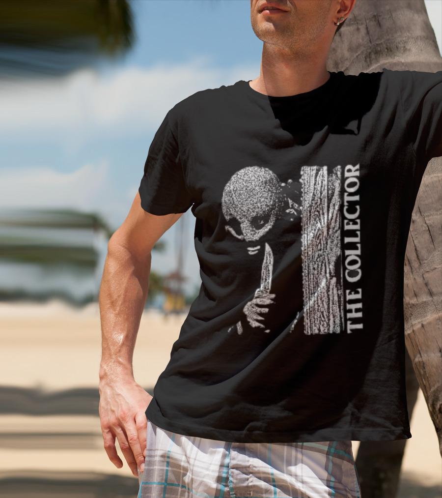 The Collector Masked Figure Knife Wooden Door Peeking Halftone T-Shirt