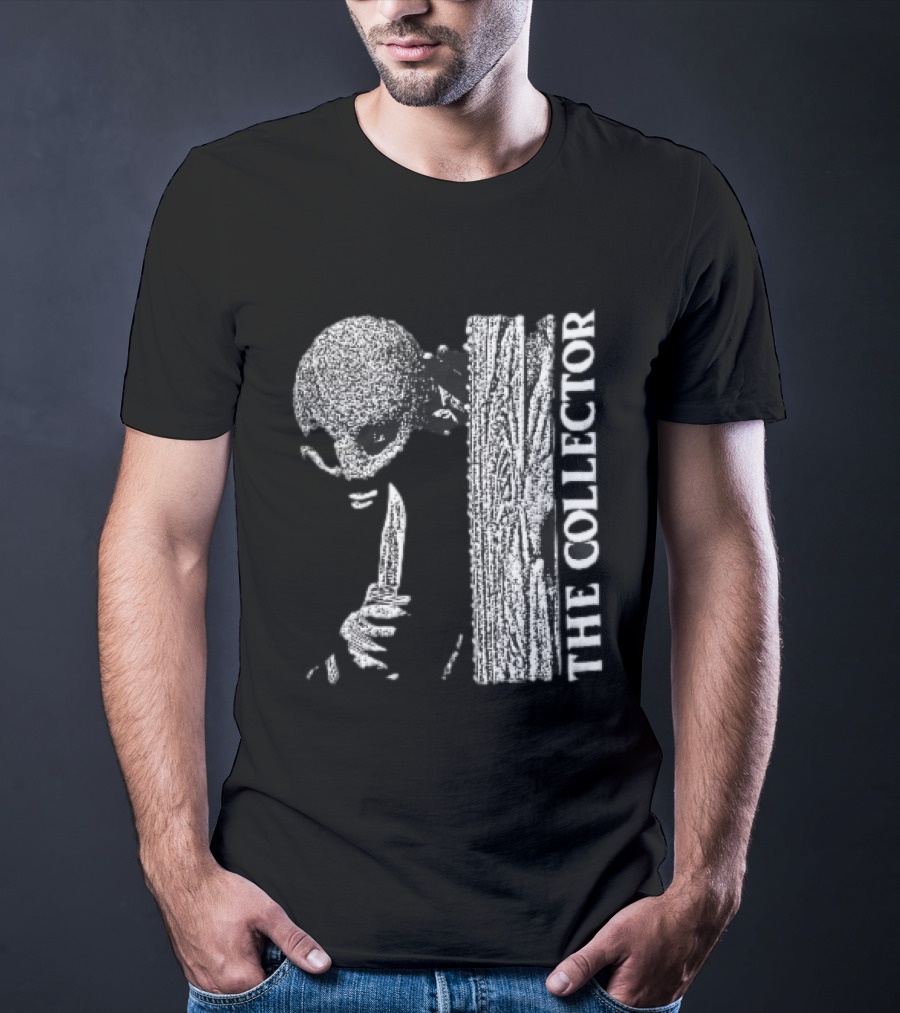 The Collector Masked Figure Knife Wooden Door Peeking Halftone T-Shirt