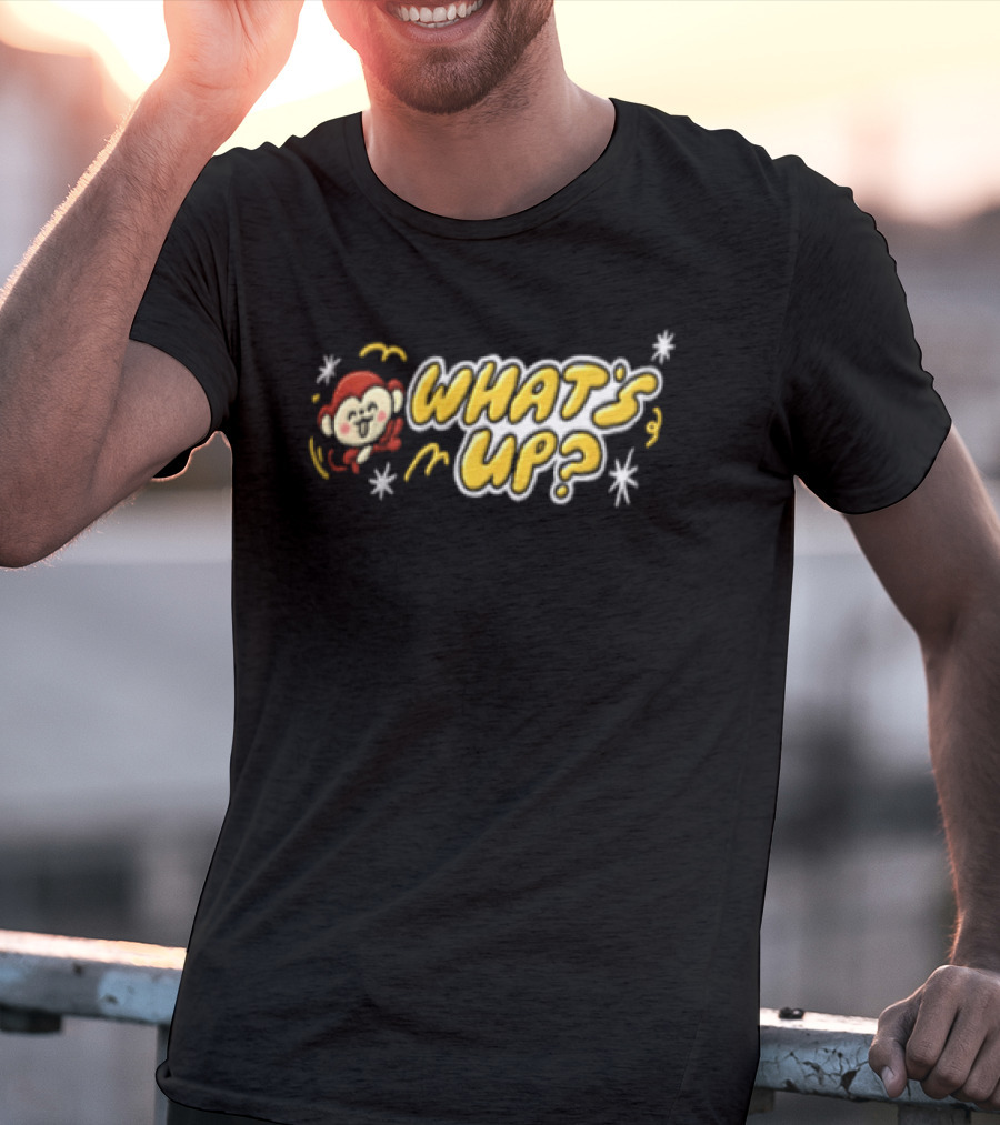 What's Up Cartoon Monkey Waving White Sparkles Squiggles T-Shirt