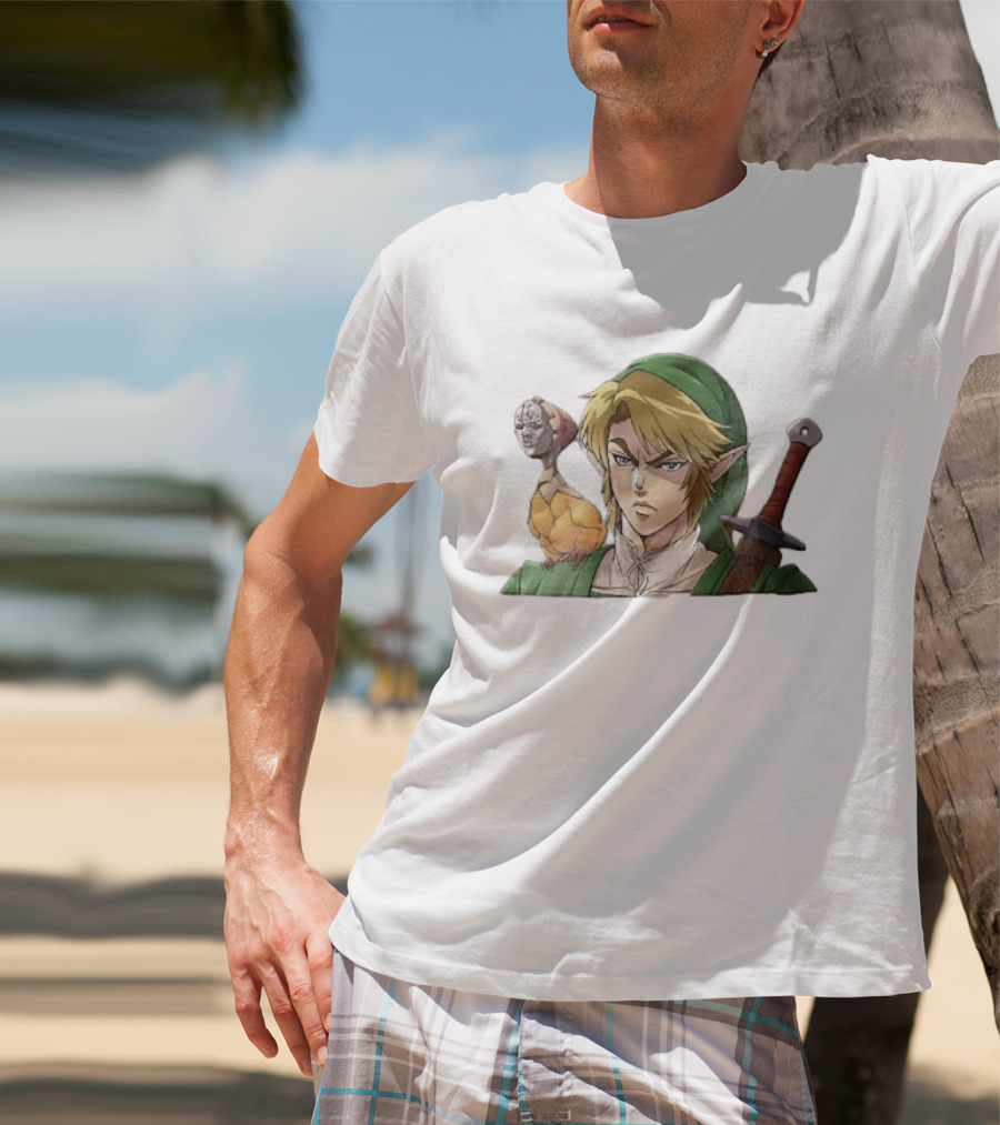 Anime Blonde Elf Knight In Green Tunic With Sword And Strange Bird Companion T-Shirt