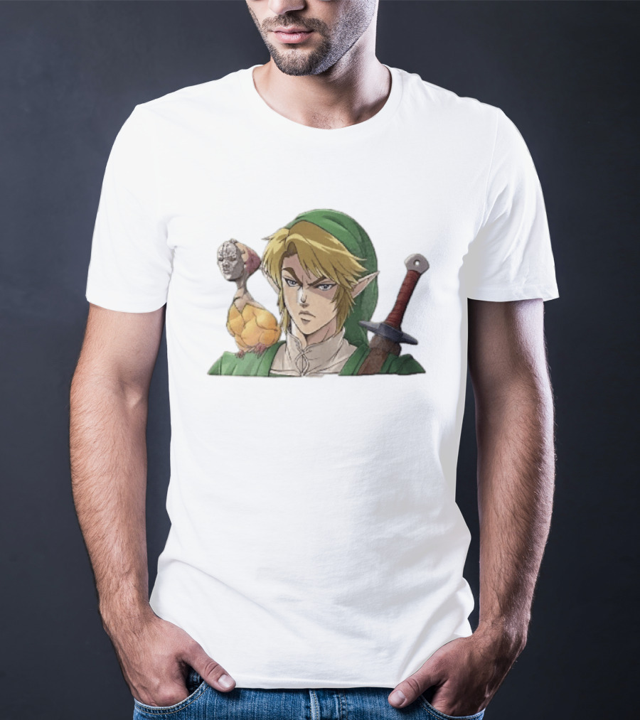 Anime Blonde Elf Knight In Green Tunic With Sword And Strange Bird Companion T-Shirt