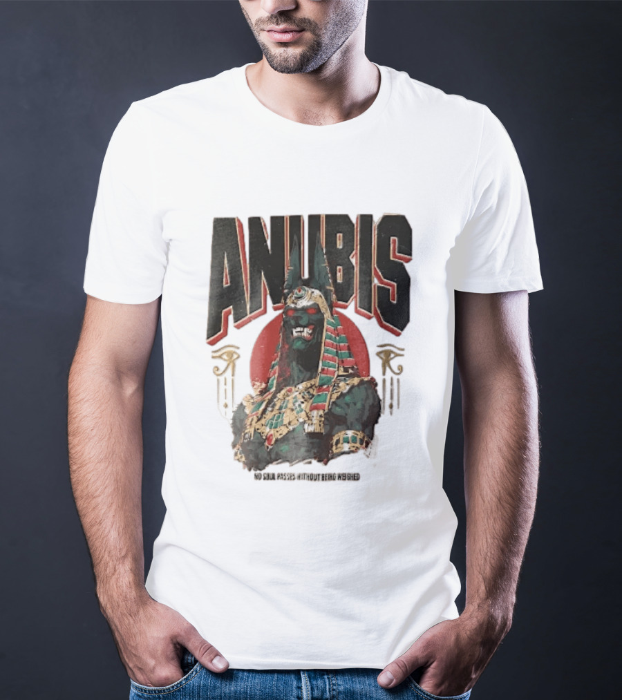 Anubis Jackal Headed Egyptian God Distressed No Soul Passes Without Being Weighed Sun T-Shirt