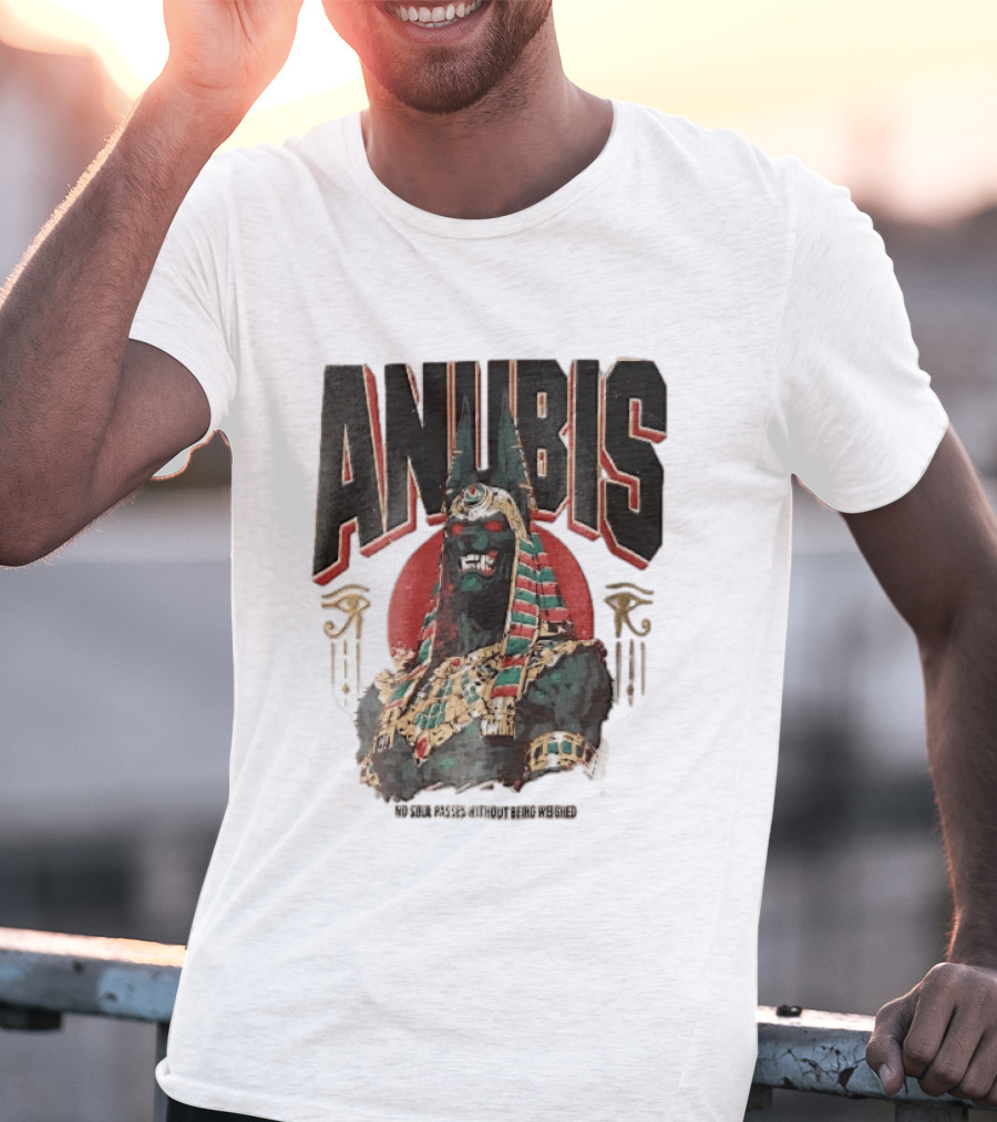 Anubis Jackal Headed Egyptian God Distressed No Soul Passes Without Being Weighed Sun T-Shirt
