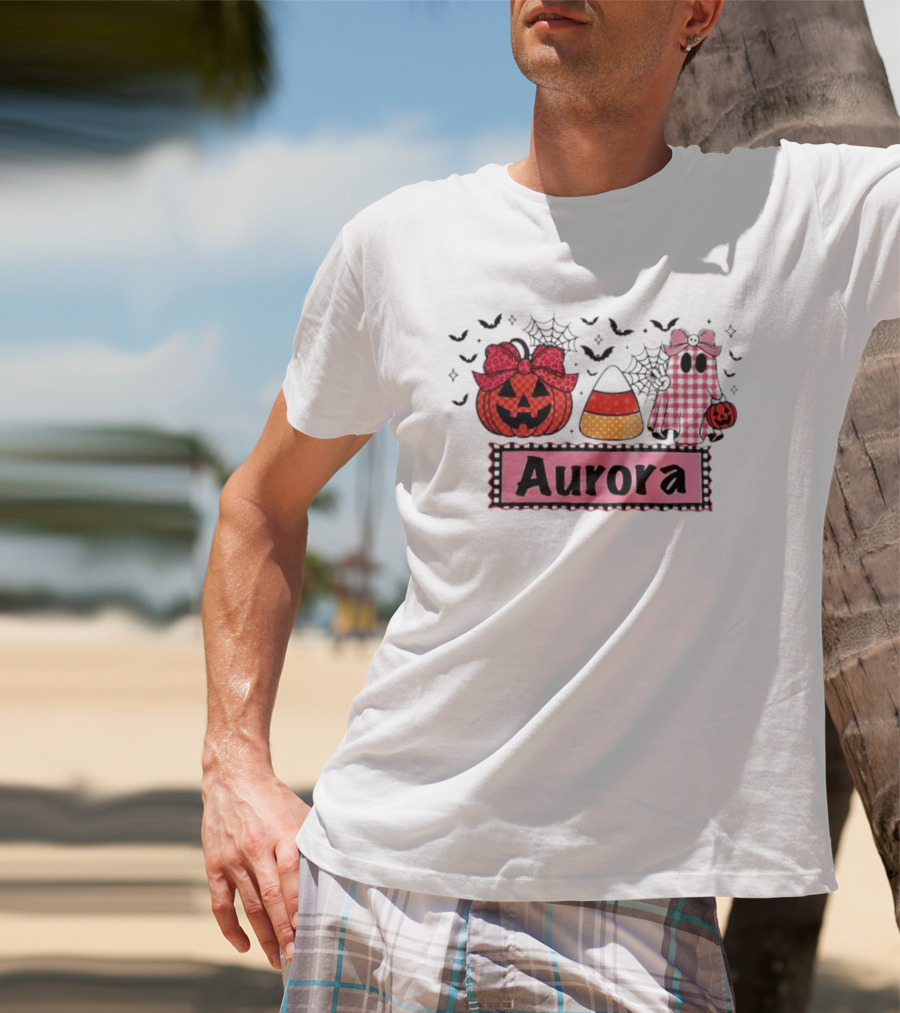 Aurora Halloween Pumpkin Ghost Candy Corn And Spiderwebs T-Shirt