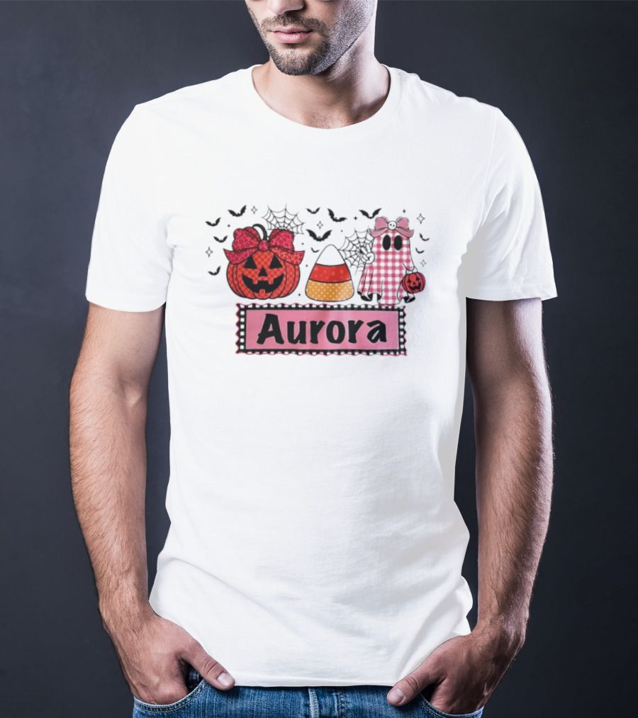 Aurora Halloween Pumpkin Ghost Candy Corn And Spiderwebs T-Shirt