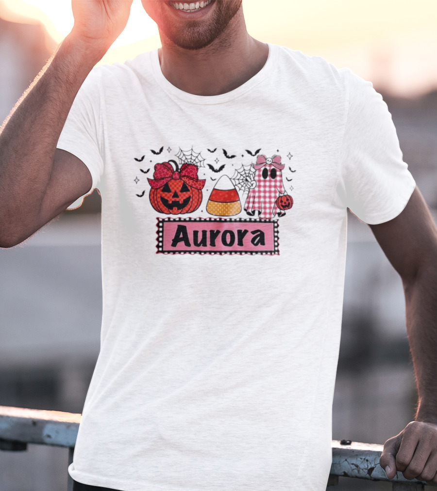 Aurora Halloween Pumpkin Ghost Candy Corn And Spiderwebs T-Shirt