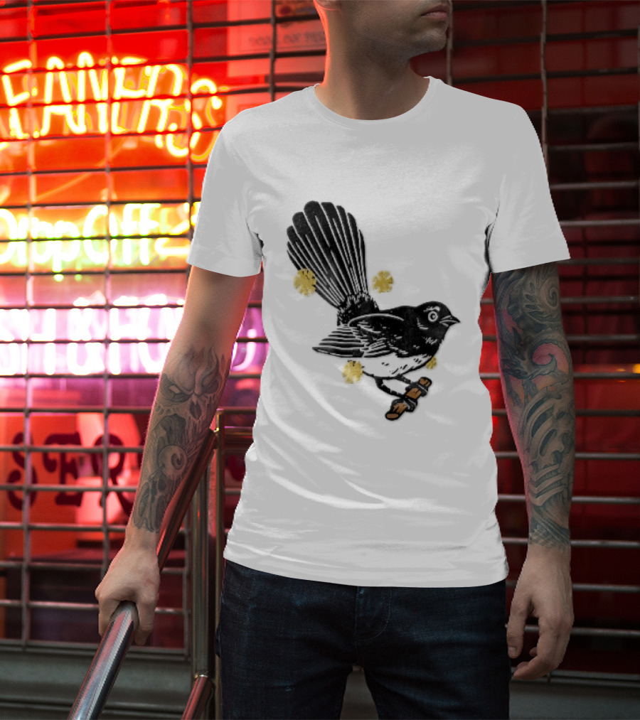 Black White Linocut Fantail Bird Branch Yellow Flowers T-Shirt