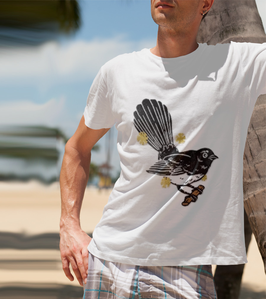 Black White Linocut Fantail Bird Branch Yellow Flowers T-Shirt