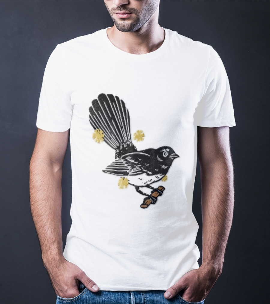 Black White Linocut Fantail Bird Branch Yellow Flowers T-Shirt