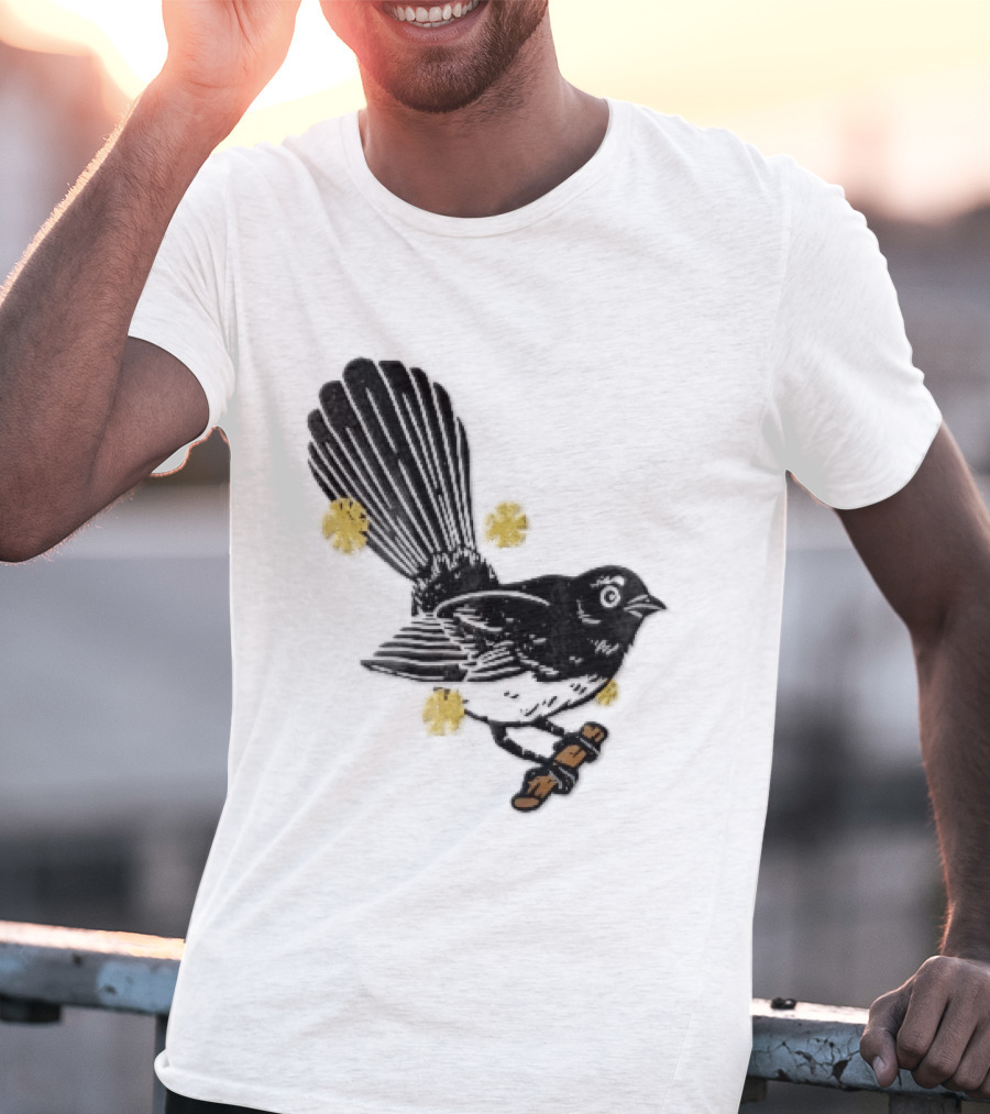 Black White Linocut Fantail Bird Branch Yellow Flowers T-Shirt