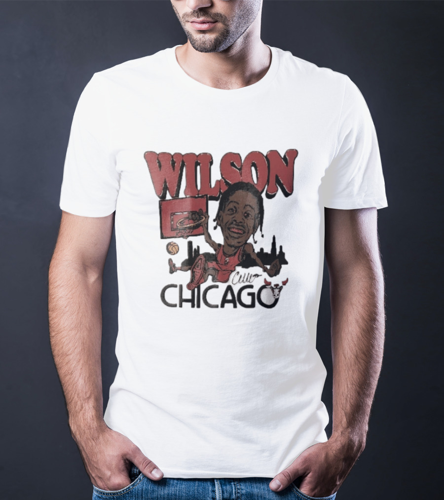 Chicago Bulls Wilson Cartoon Caricature Dunking City Skyline T-Shirt