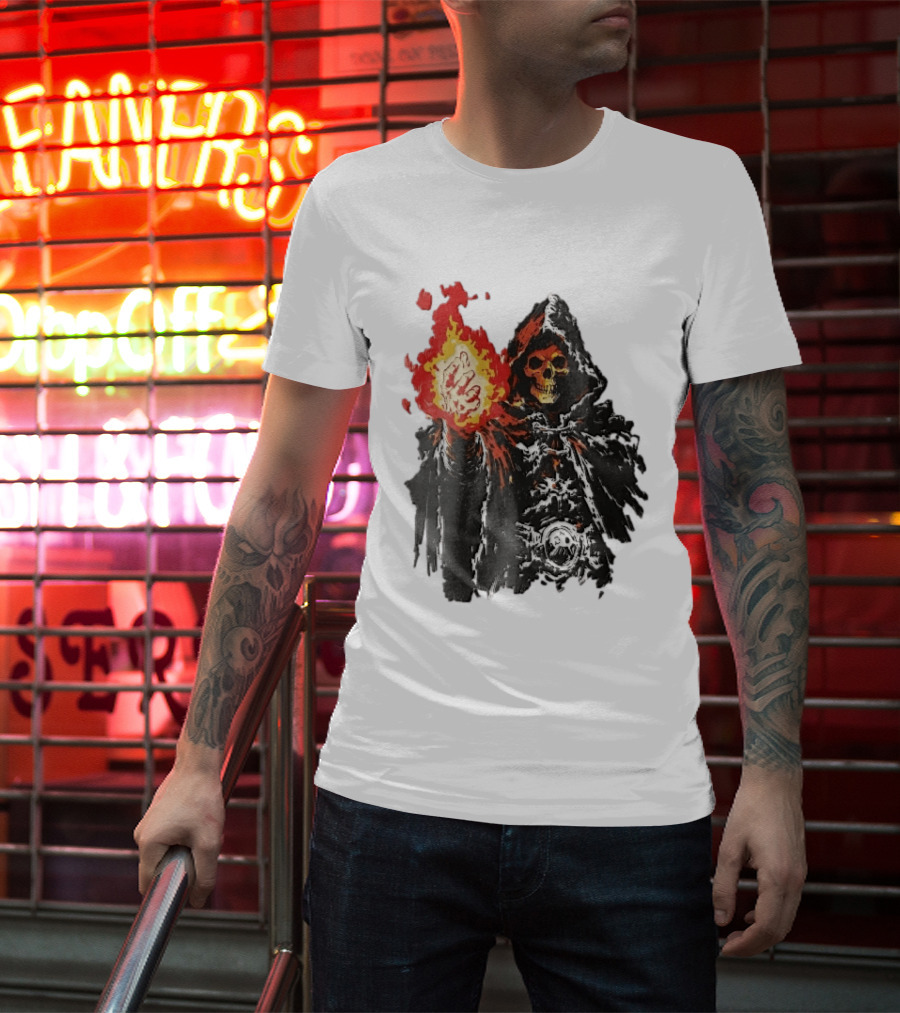 Hooded Skeleton Sorcerer With Glowing Red Fireball T-Shirt