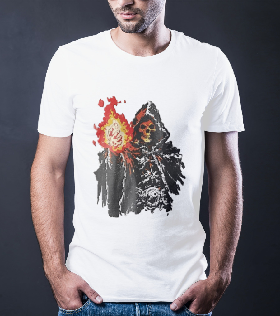 Hooded Skeleton Sorcerer With Glowing Red Fireball T-Shirt