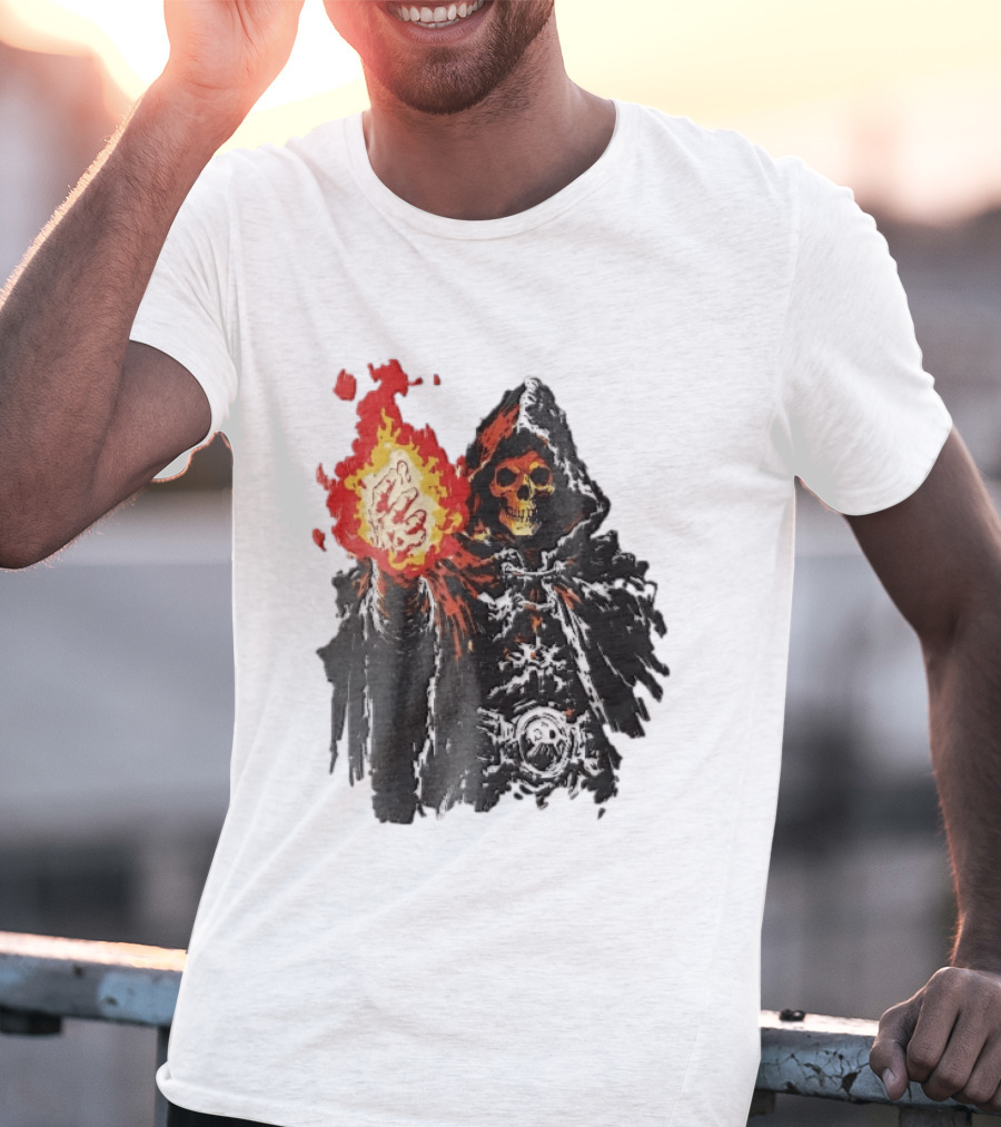 Hooded Skeleton Sorcerer With Glowing Red Fireball T-Shirt