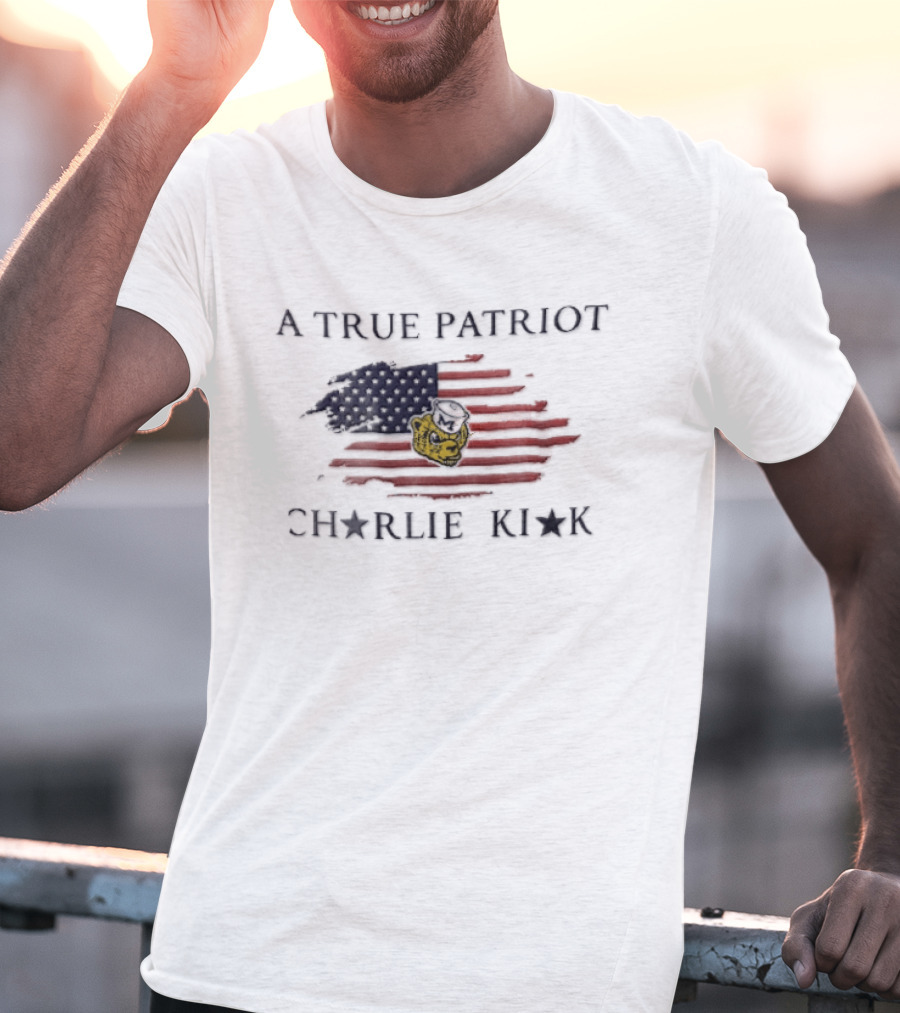 A True Patriot Charlie Kirk Distressed US Flag Wolverine Head T-Shirt