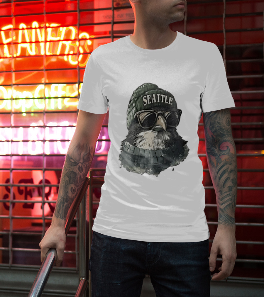 Seattle Beanie Hawk Cartoon With Sunglasses And Scarf T-Shirt