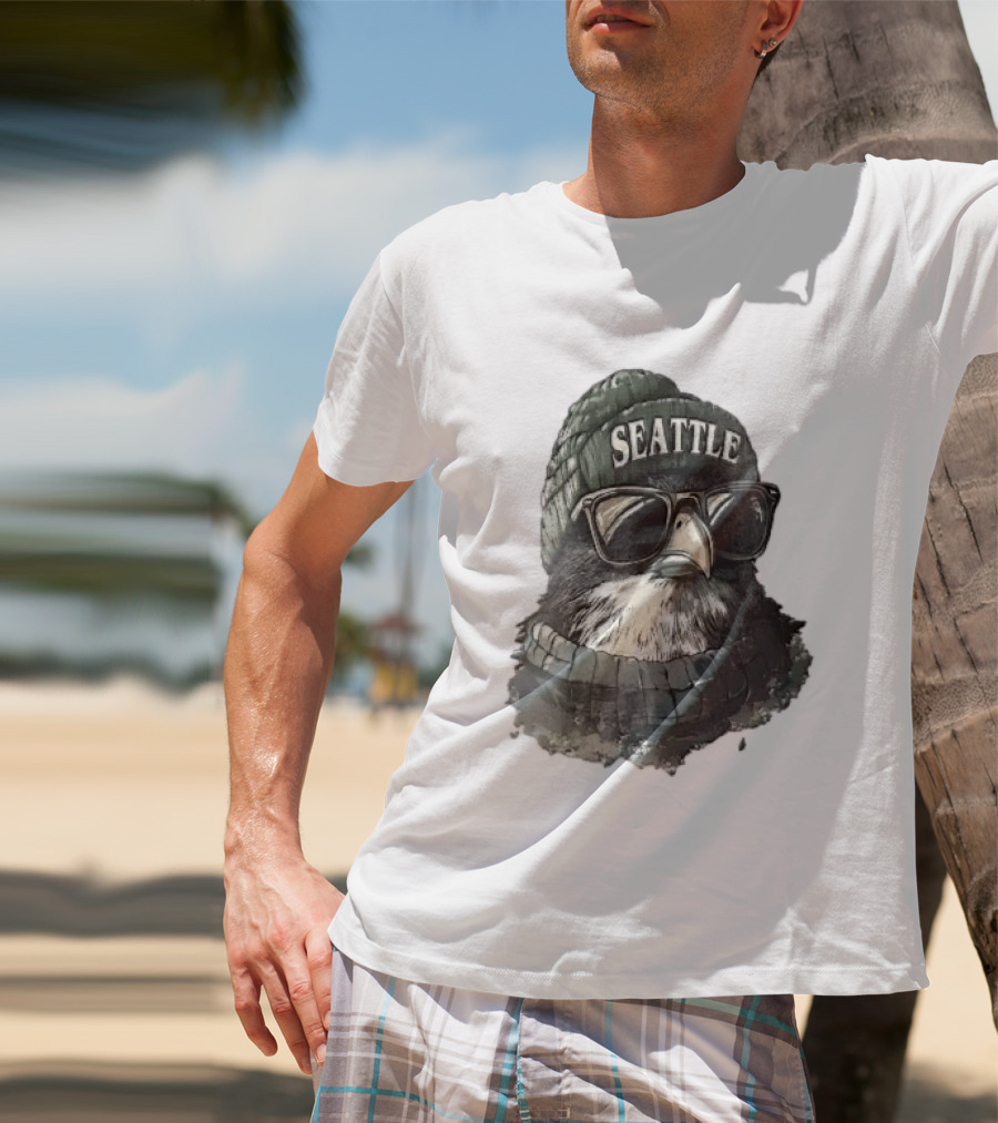 Seattle Beanie Hawk Cartoon With Sunglasses And Scarf T-Shirt