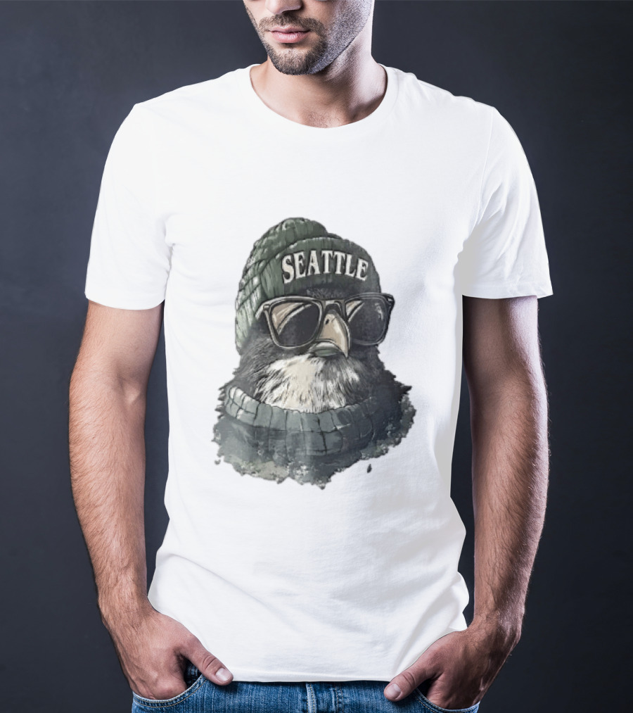 Seattle Beanie Hawk Cartoon With Sunglasses And Scarf T-Shirt