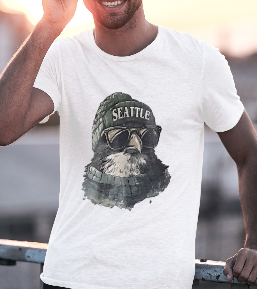 Seattle Beanie Hawk Cartoon With Sunglasses And Scarf T-Shirt