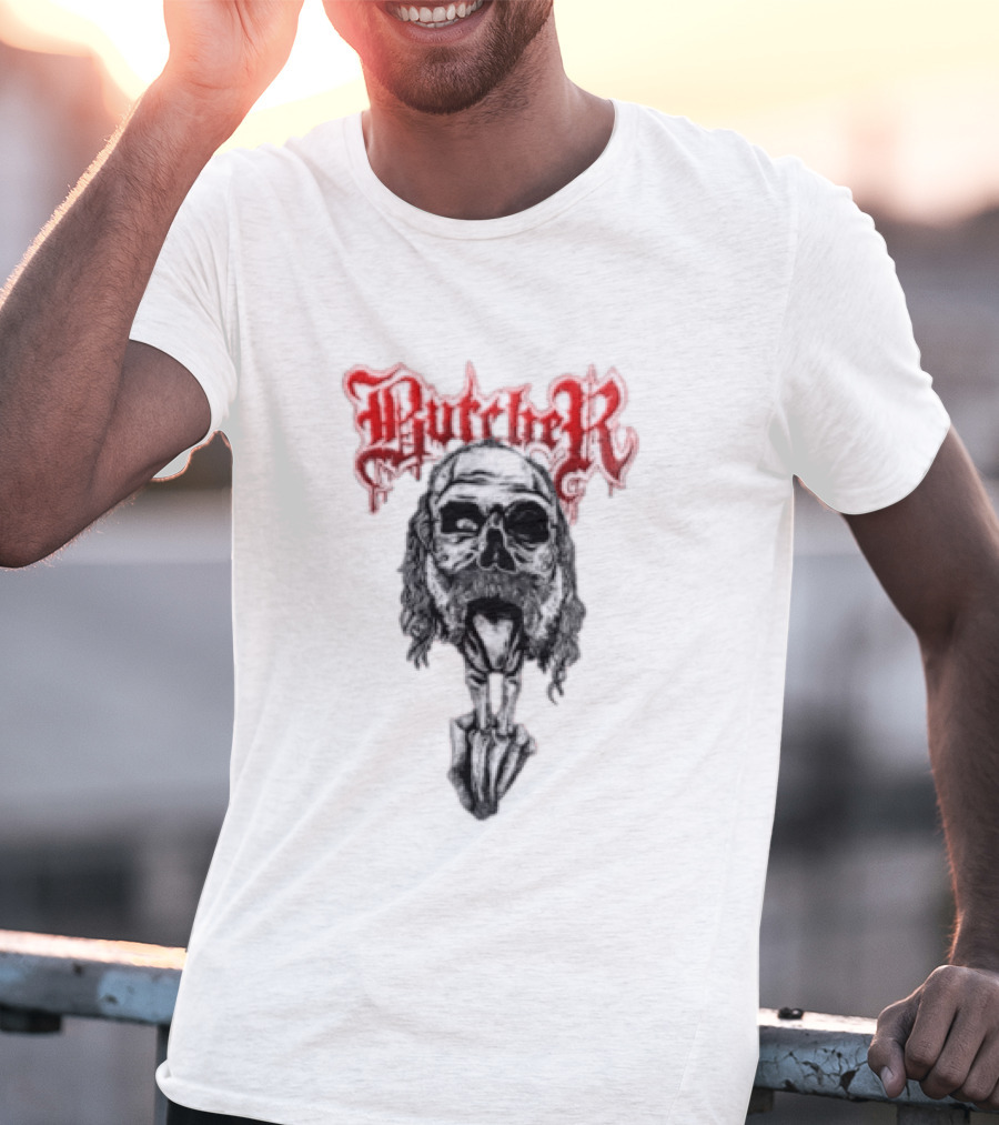 Butcher Skull With Gothic Red Text And Grim T-Shirt