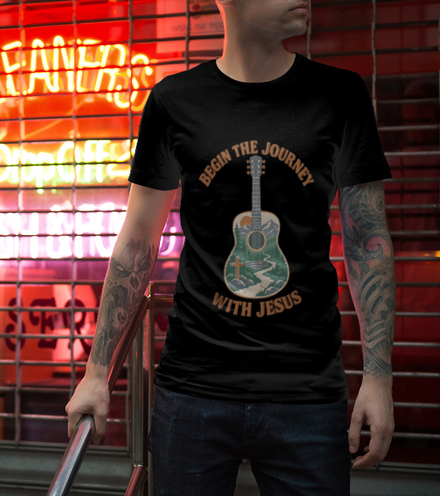 Begin The Journey With Jesus Guitar Mountain Path And Cross T-Shirt