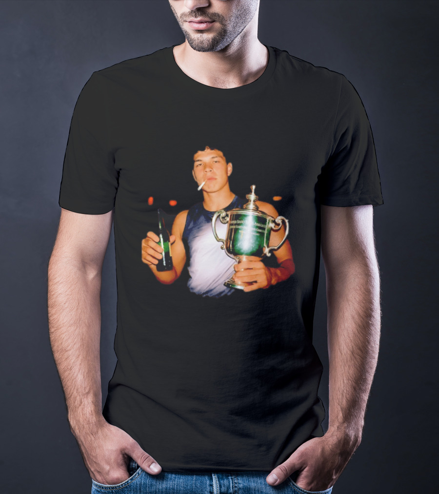 Ben Shelton Celebrating Victory With Beer And Trophy T-Shirt