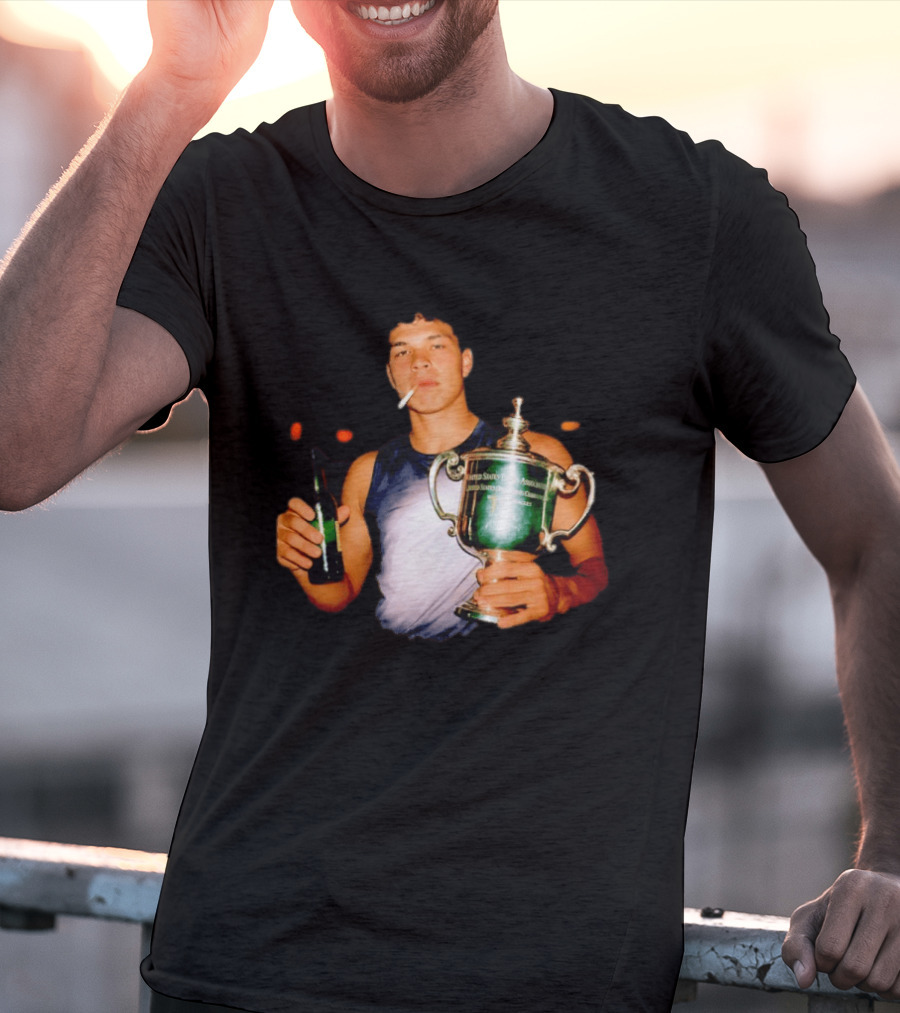 Ben Shelton Celebrating Victory With Beer And Trophy T-Shirt
