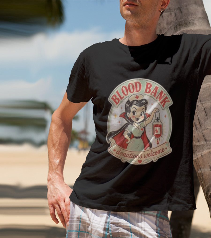 Blood Bank Donations Welcome Vampire Nurse Retro Cartoon T-Shirt