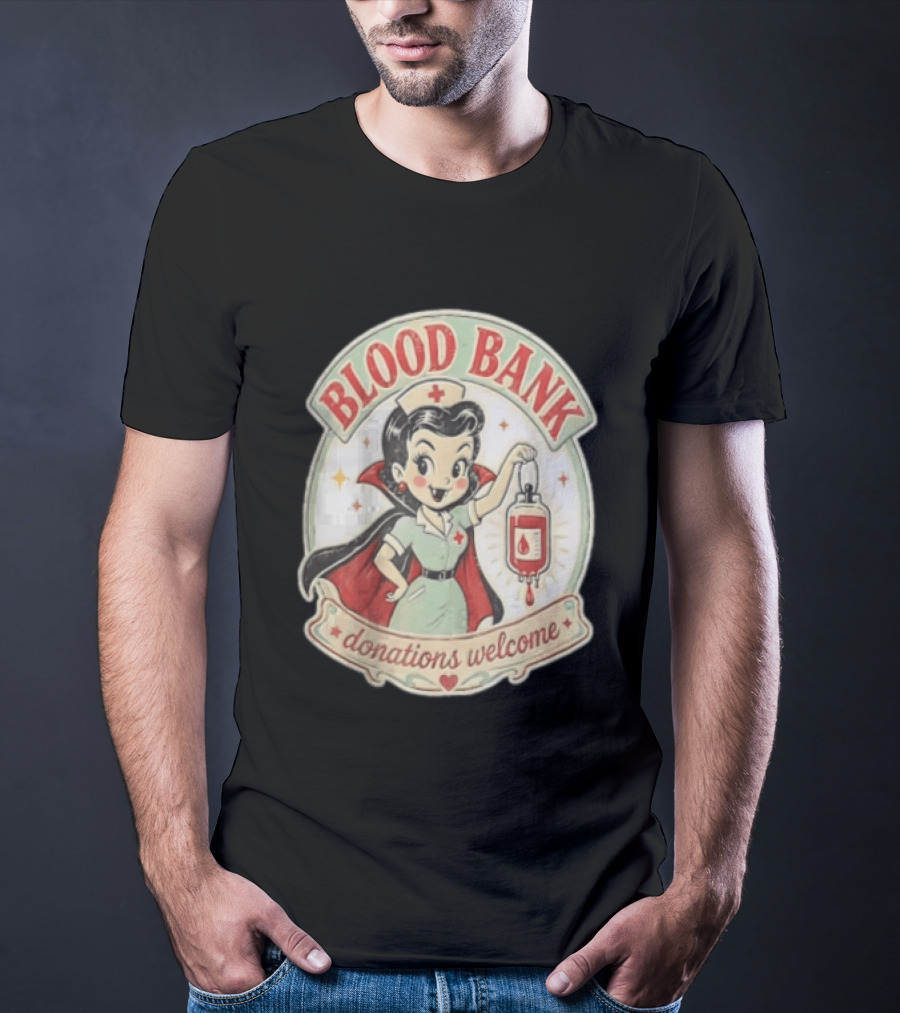 Blood Bank Donations Welcome Vampire Nurse Retro Cartoon T-Shirt