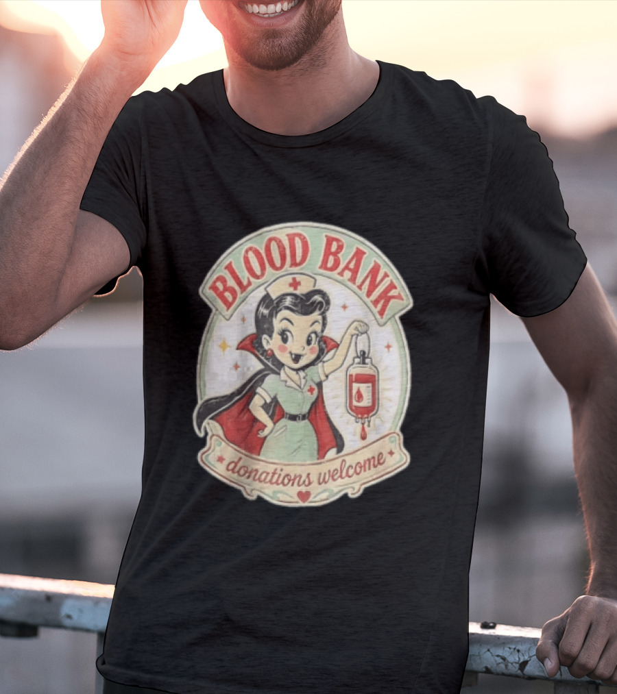 Blood Bank Donations Welcome Vampire Nurse Retro Cartoon T-Shirt