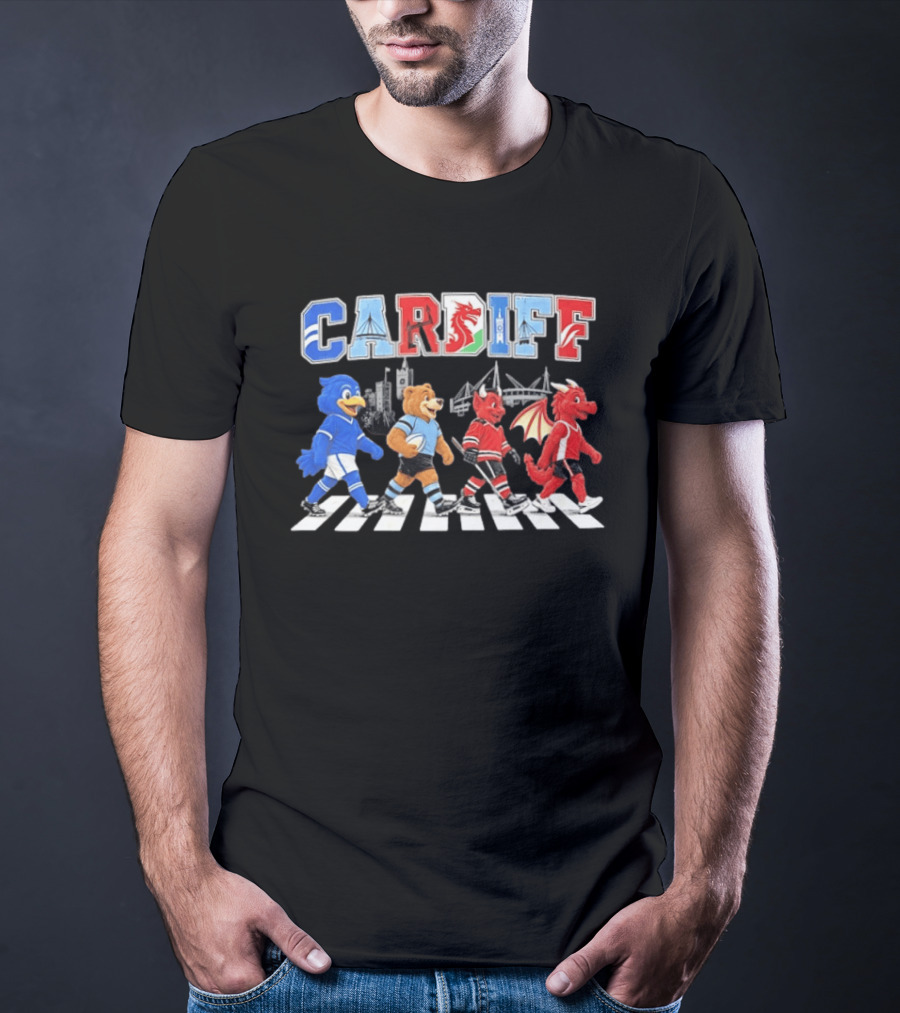 Cardiff Sports Abbey Road Parody With Cartoon Animals Crossing T-Shirt