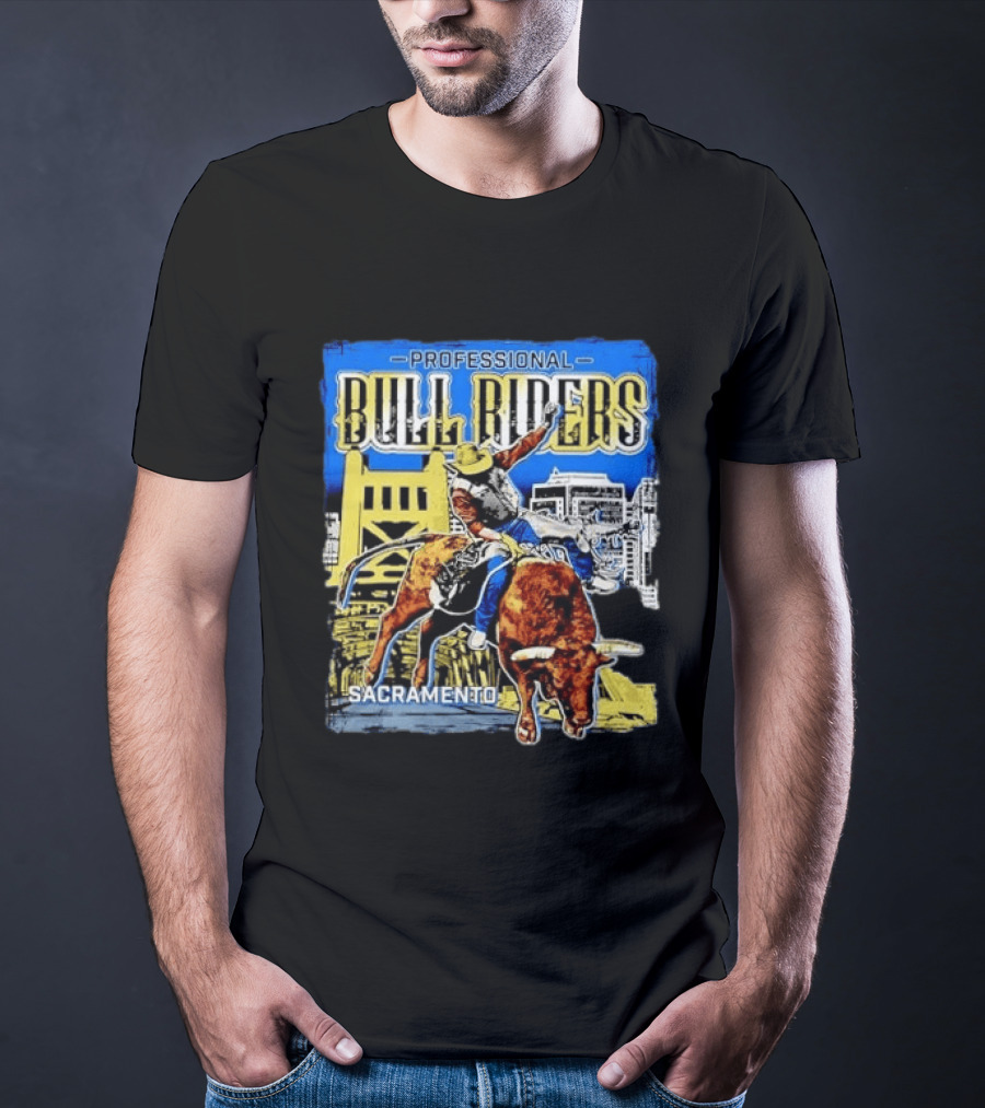 Professional Bull Riders Sacramento Cowboy Riding Bull Cityscape T-Shirt