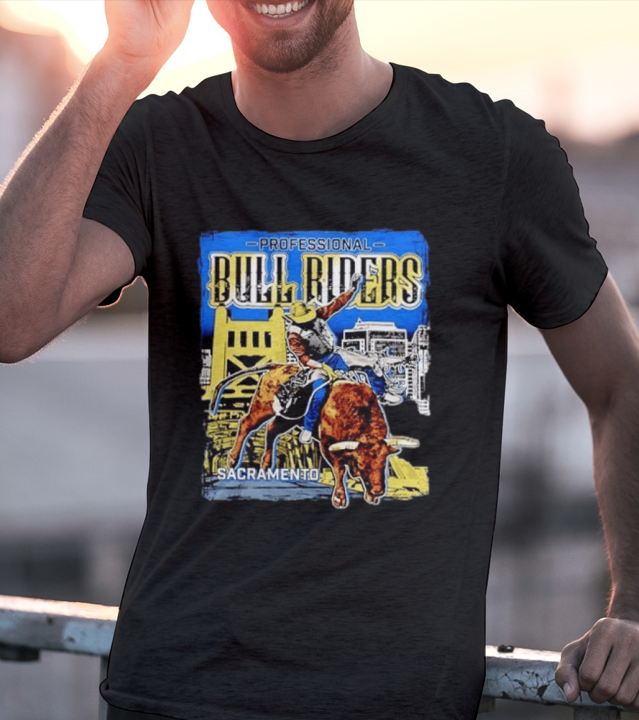 Professional Bull Riders Sacramento Cowboy Riding Bull Cityscape T-Shirt