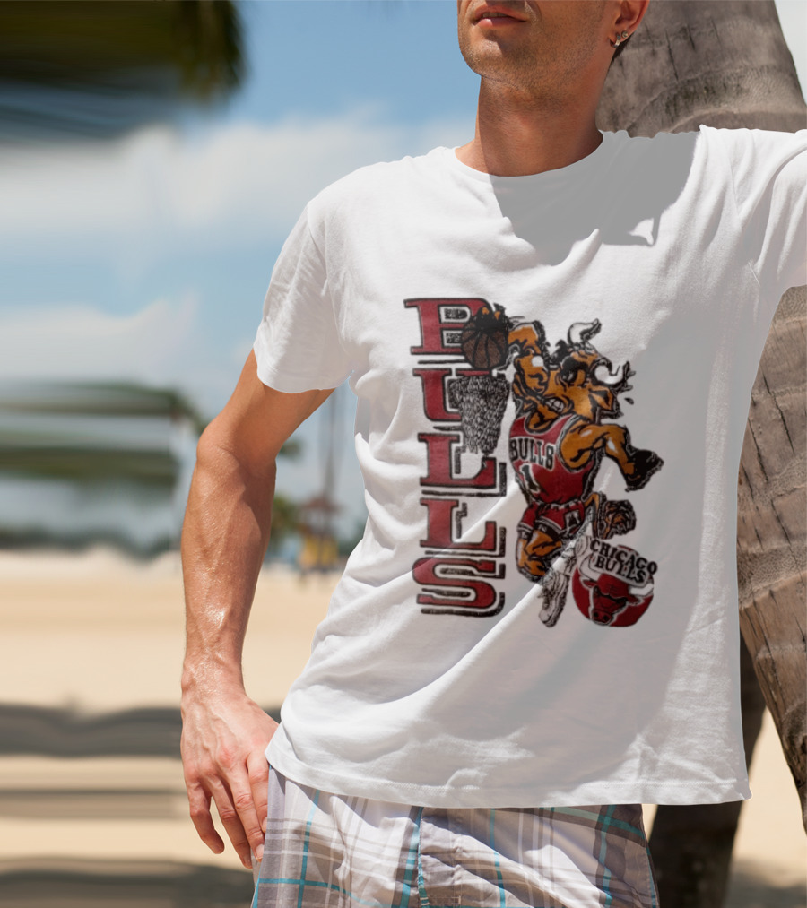 Chicago Bulls Bull Dunking Basketball Hoop NBA Cartoon Caricature T-Shirt