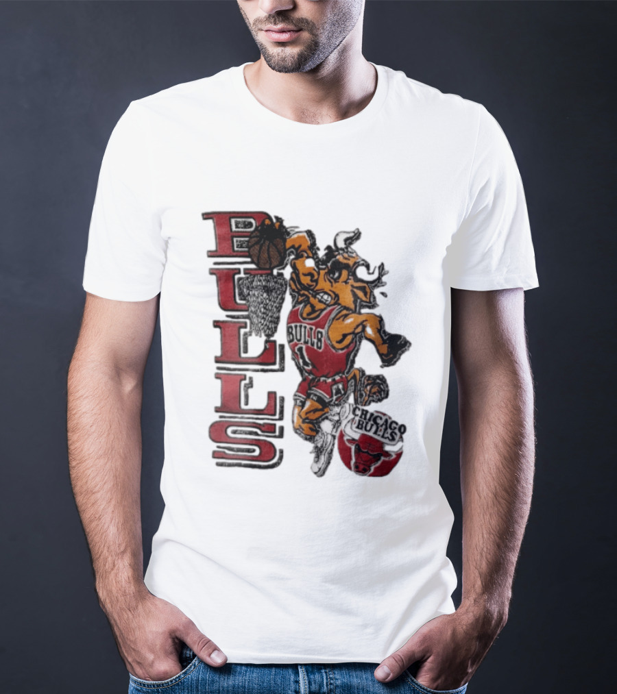 Chicago Bulls Bull Dunking Basketball Hoop NBA Cartoon Caricature T-Shirt