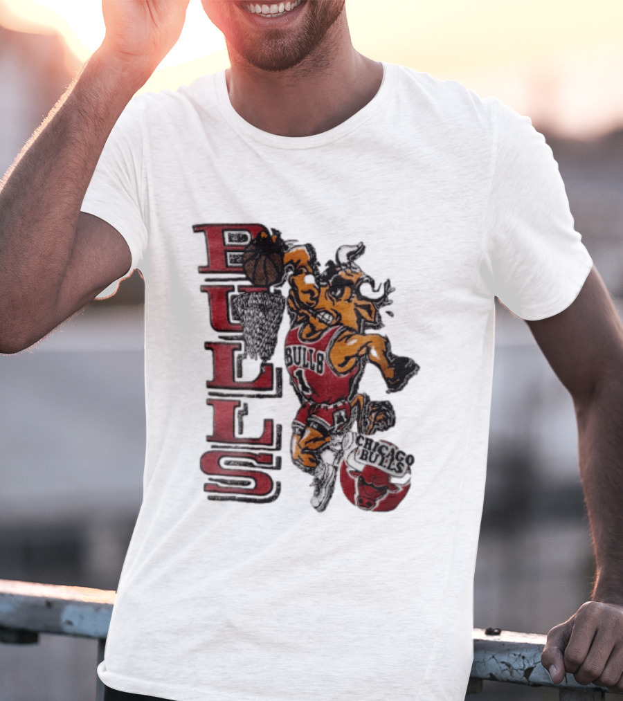 Chicago Bulls Bull Dunking Basketball Hoop NBA Cartoon Caricature T-Shirt