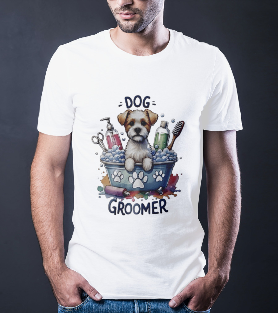 Dog Groomer Puppy Bath Tub Soap Scissors Brush Watercolor T-Shirt