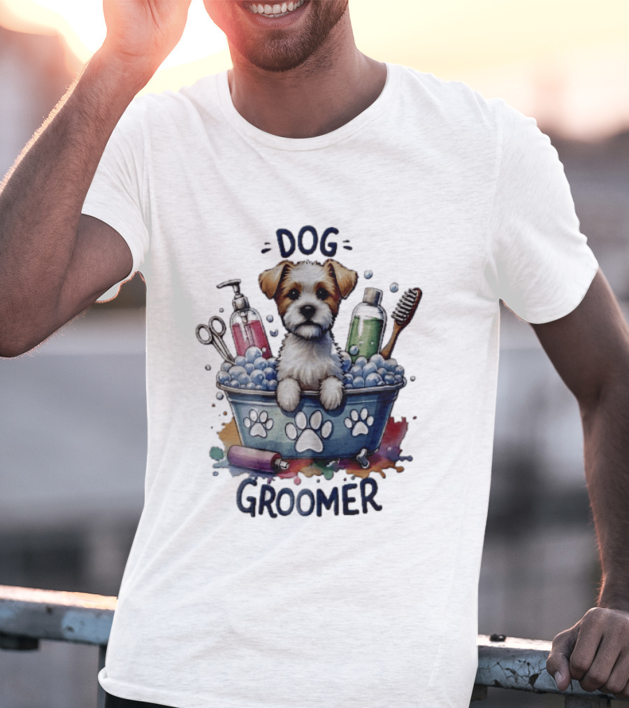 Dog Groomer Puppy Bath Tub Soap Scissors Brush Watercolor T-Shirt