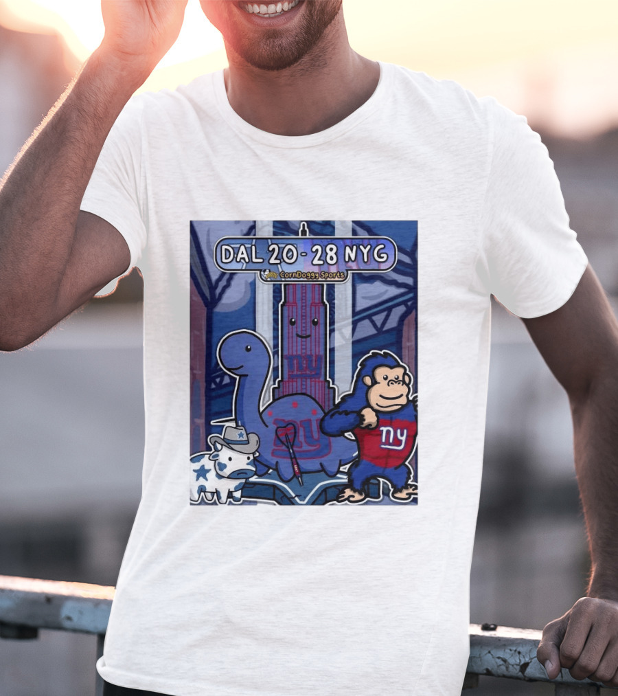 CornDoggy Sports DAL 20 28 NYG Dallas Cowboys New York Giants Cartoon Characters T-Shirt