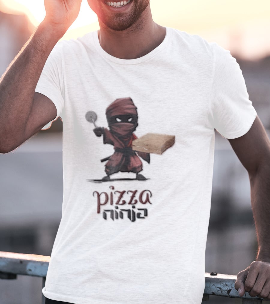Pizza Ninja Red Masked Cartoon Figure Holding Cardboard Box T-Shirt