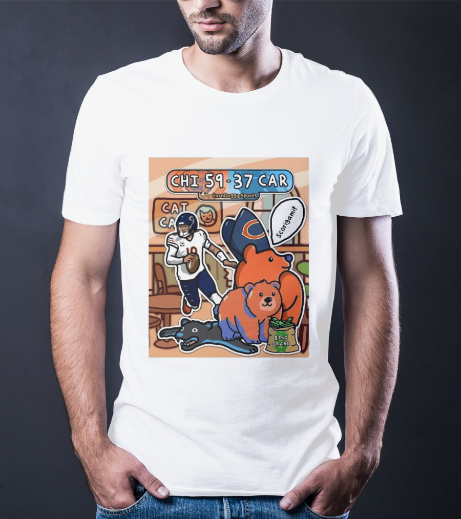 CHI 59 37 CAR CornDoggy Sports Chicago Bears Vs Carolina Panthers Scorigami Cat Café $150 Grand T-Shirt